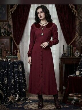 NWT L.G. Star Red Velvet Trim Midi Dress 14 Long Sleeve 80s Victorian Whimsigoth